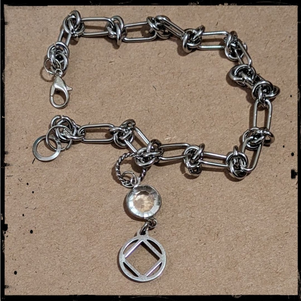 Narcotics Anonymous NA Symbol & Rhinestone Charm Bracelet Stainless Rope Chain